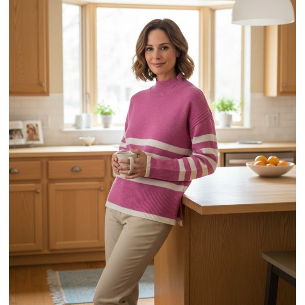 ON 34TH Pink and White Stripe Mock Neck Sweater Size S
